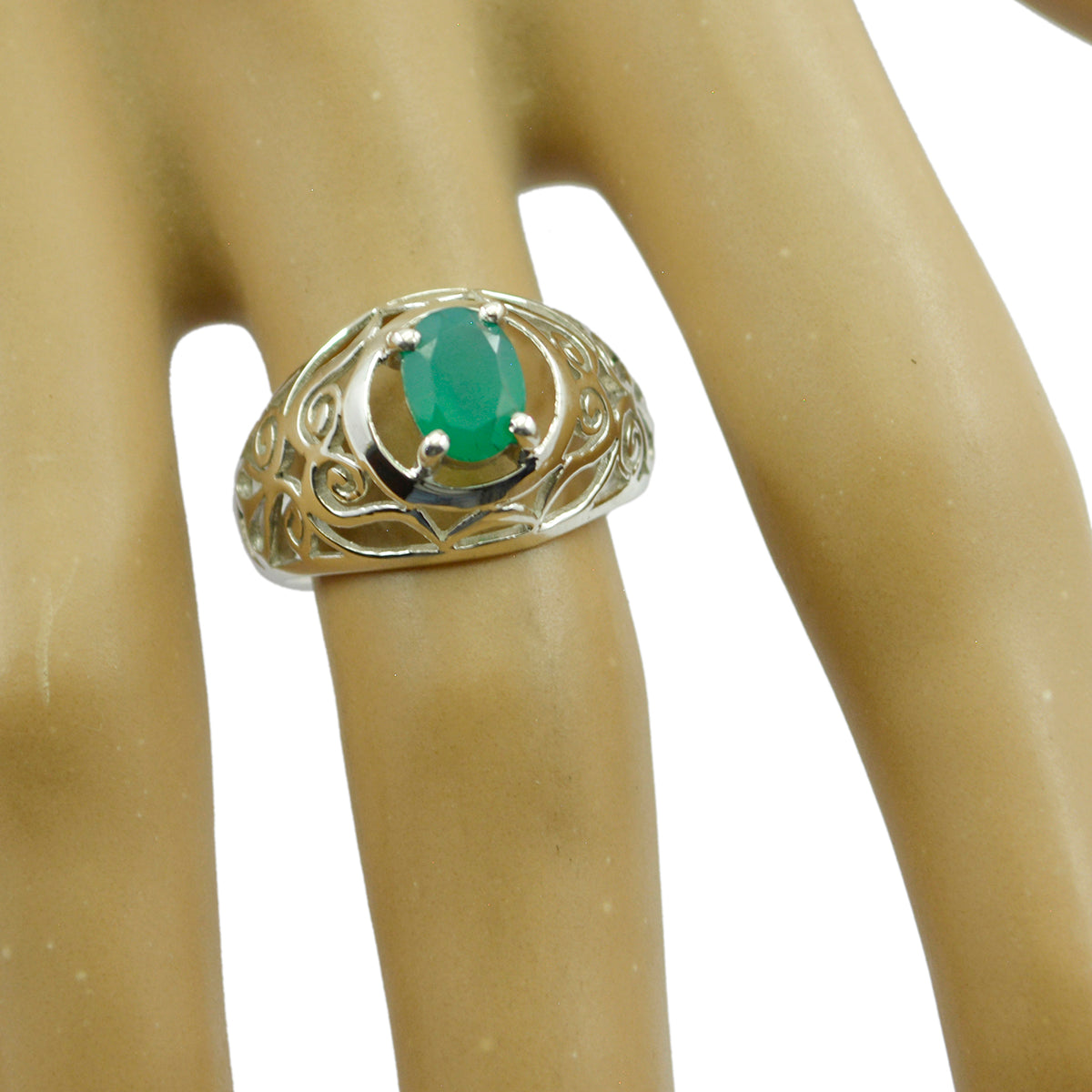 Indian Emerald Solitaire Mexican 925 Silver Green Gemstone Featherlight Filigree Ring Jewellery