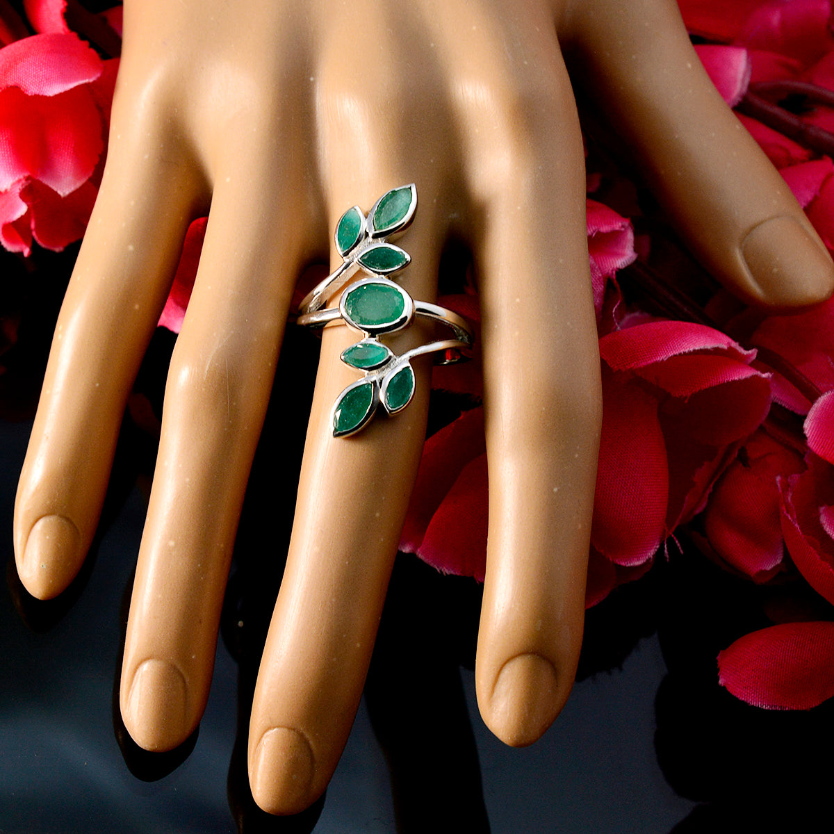 Indian Emerald Hepta French Sterling Silver Green Gems Classic Leafy Ring Jewelry