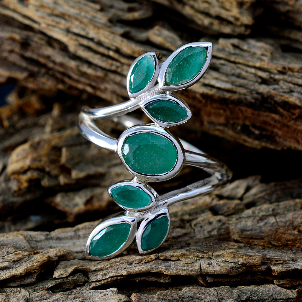 Indian Emerald Hepta French Sterling Silver Green Gems Classic Leafy Ring Jewelry