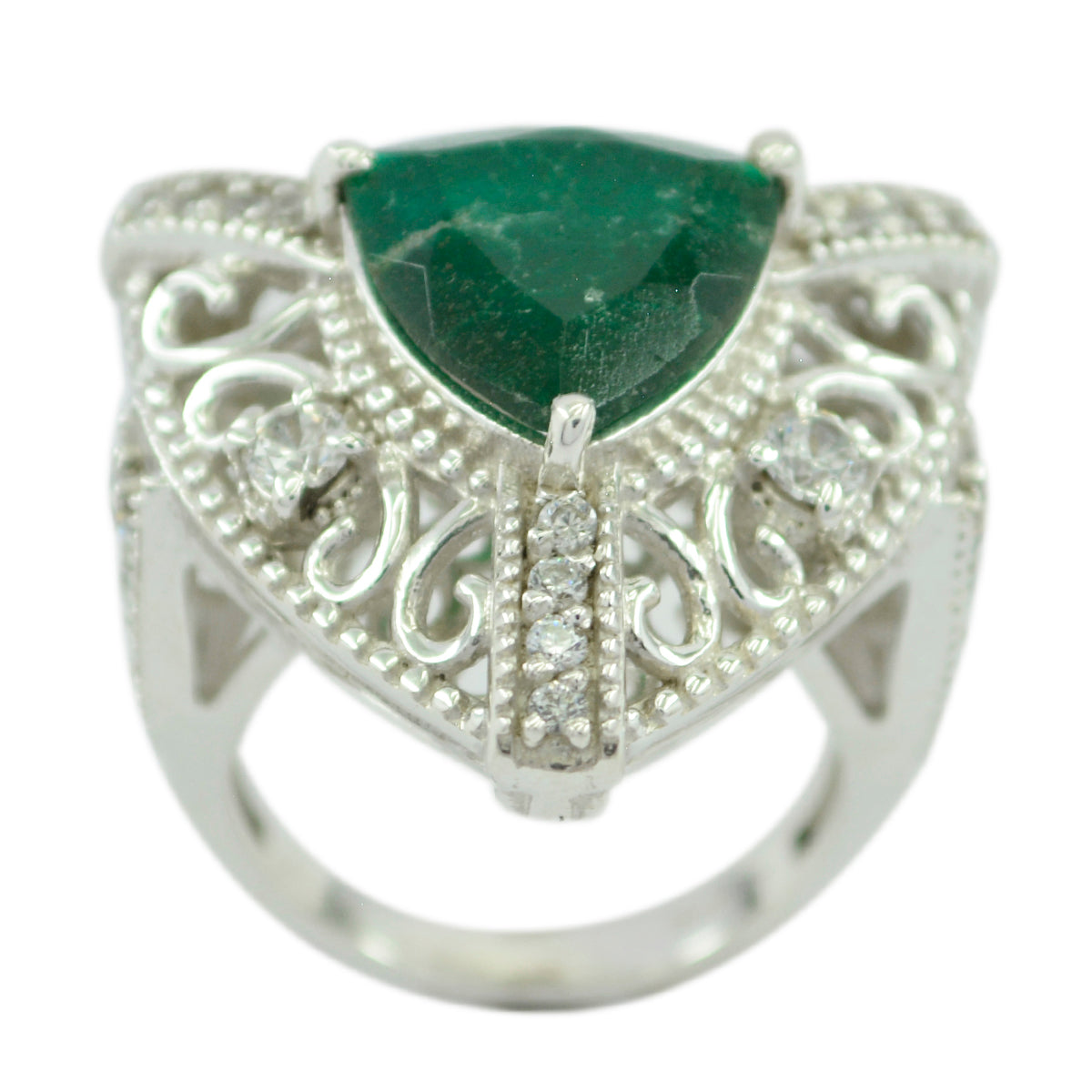 Indian Emerald Halo Egyptian Silver Green Gemstone Statement Filigree Ring Jewellery
