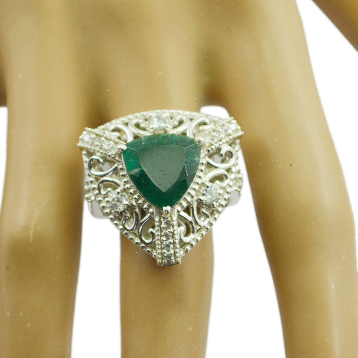Indian Emerald Halo Egyptian Silver Green Gemstone Statement Filigree Ring Jewellery