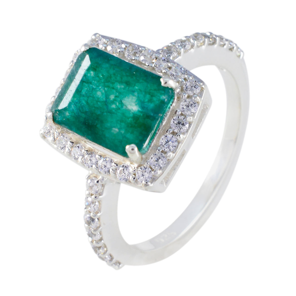 Bague minimaliste abstraite en argent 92,5 avec halo d'émeraude indienne et pierre précieuse verte russe Image secondaire du produit