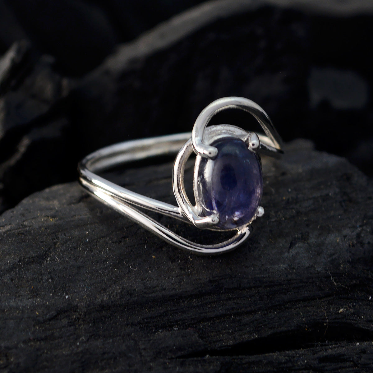 Iolite Solitaire Korean 925 Sterling Silver Blue Gems Delicate Glamorous Ring Jewellery