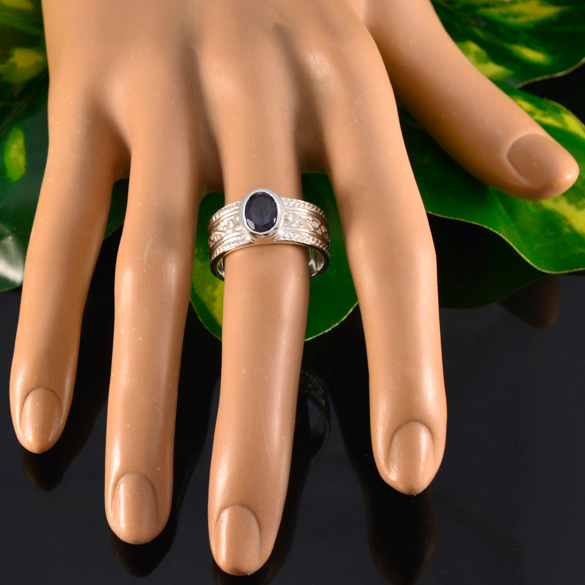 Iolite Solitaire Indian 92.5 Silver Blue Gems Mid weight Art Deco Ring Jewelry