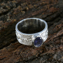 Iolite Solitaire Indian 92.5 Silver Blue Gems Mid weight Art Deco Ring Jewelry