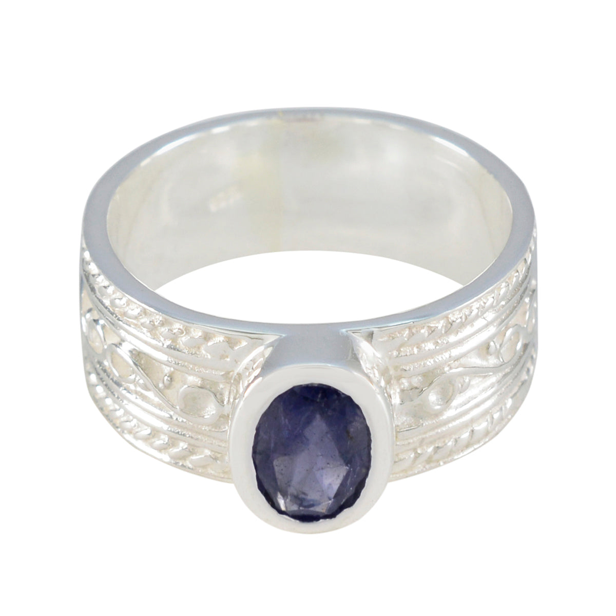 Iolite Solitaire Indian 92.5 Silver Blue Gems Mid weight Art Deco Ring Jewelry