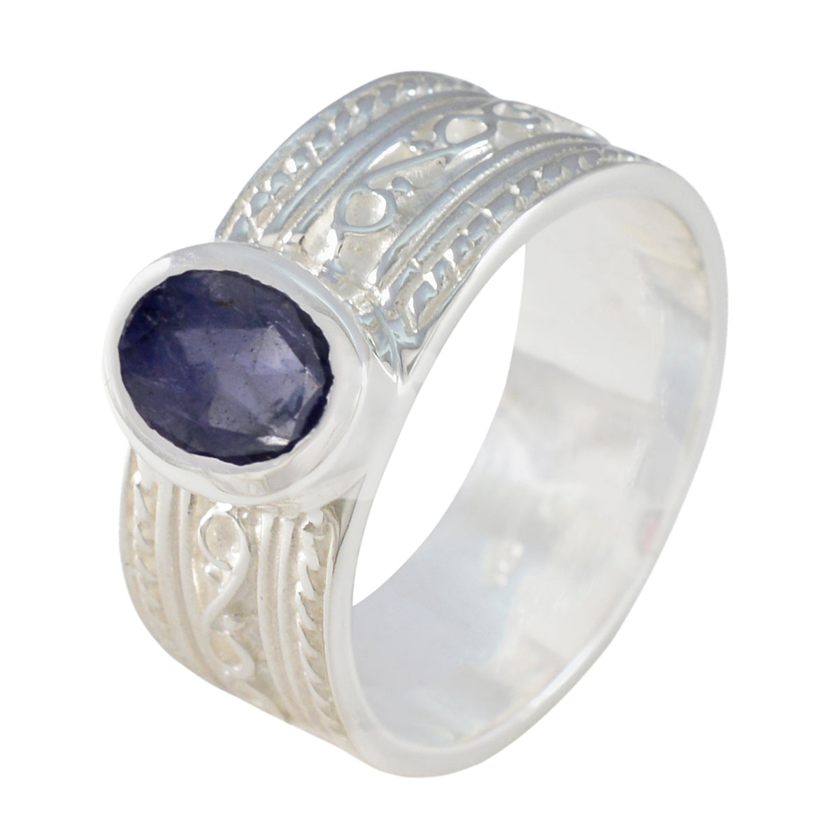 Iolite Solitaire Indian 92.5 Silver Blue Gems Mid weight Art Deco Ring Jewelry
