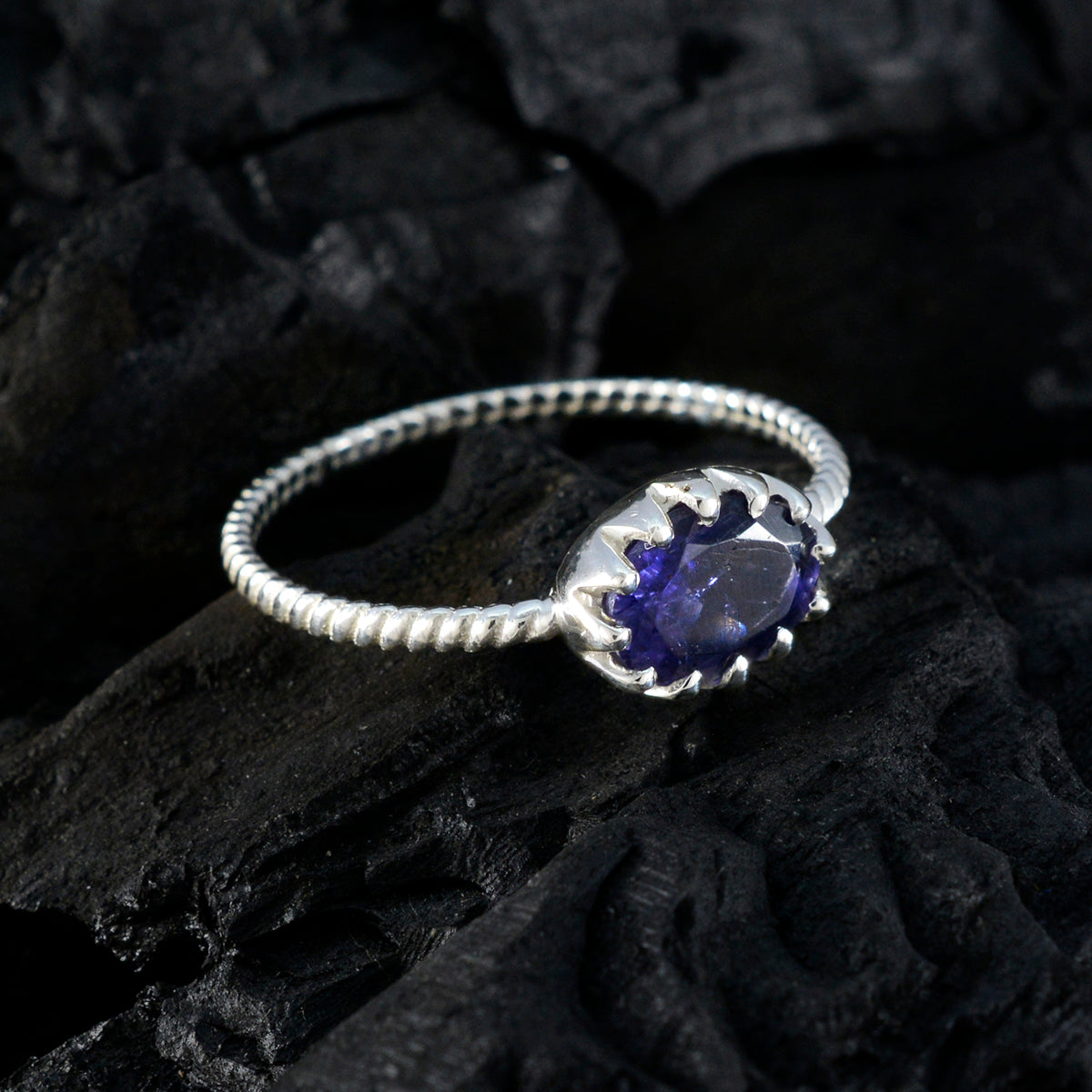 Iolite Solitaire American Silver Blue Gemstone Elegant  Twist Ring Jewelry