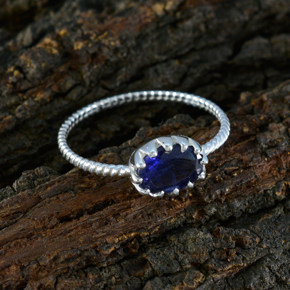 Iolite Solitaire American Silver Blue Gemstone Elegant  Twist Ring Jewelry