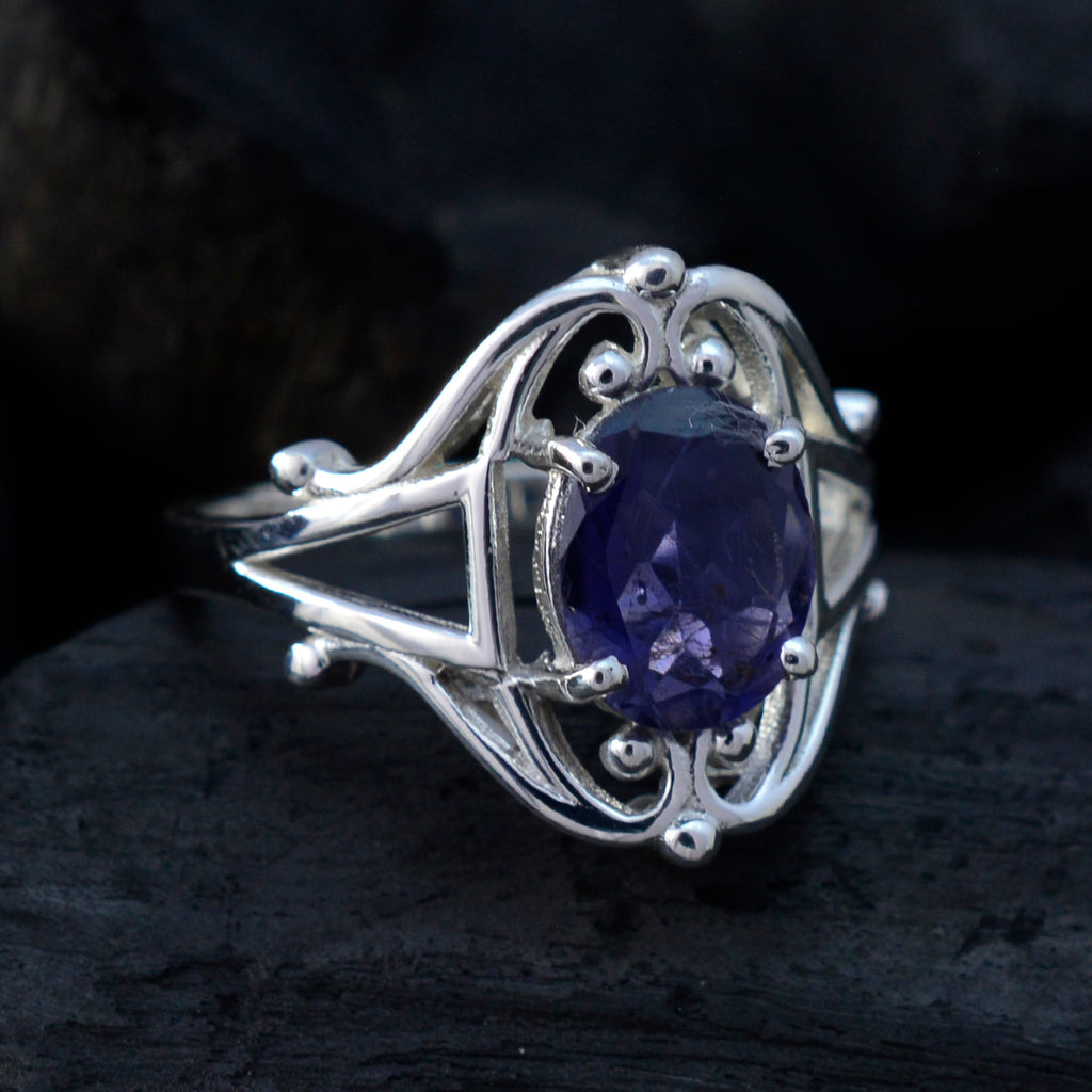 Iolite Solitaire French 925 Sterling Silver Blue Gemstones Slim Boho Ring Jewellery