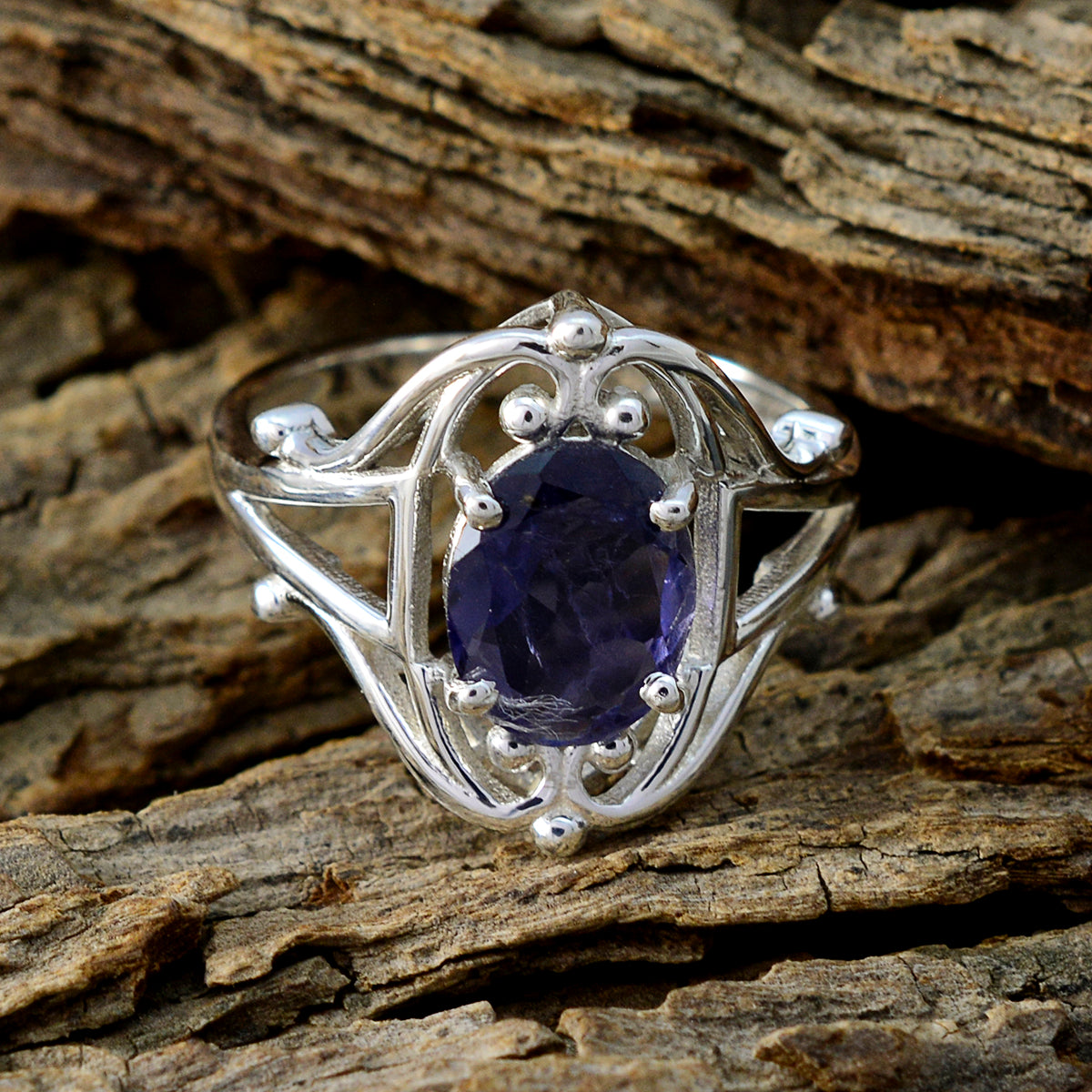 Iolite Solitaire French 925 Sterling Silver Blue Gemstones Slim Boho Ring Jewellery