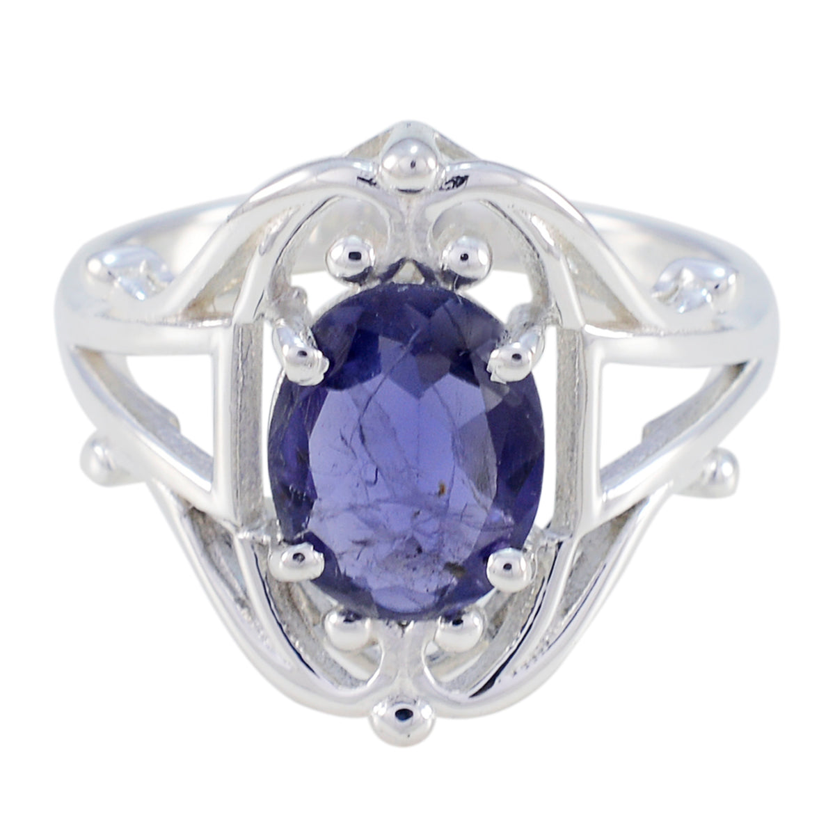 Iolite Solitaire French 925 Sterling Silver Blue Gemstones Slim Boho Ring Jewellery メイン画像