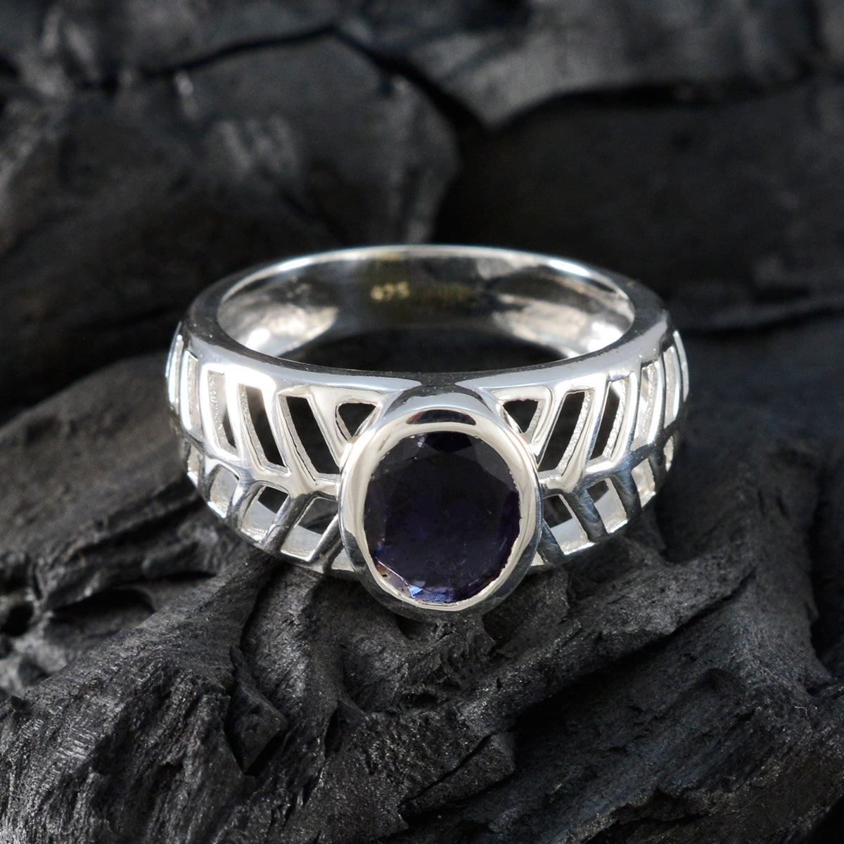 Iolite Solitaire Egyptian Silver Blue Gems Minimal Art Deco Ring Jewelry