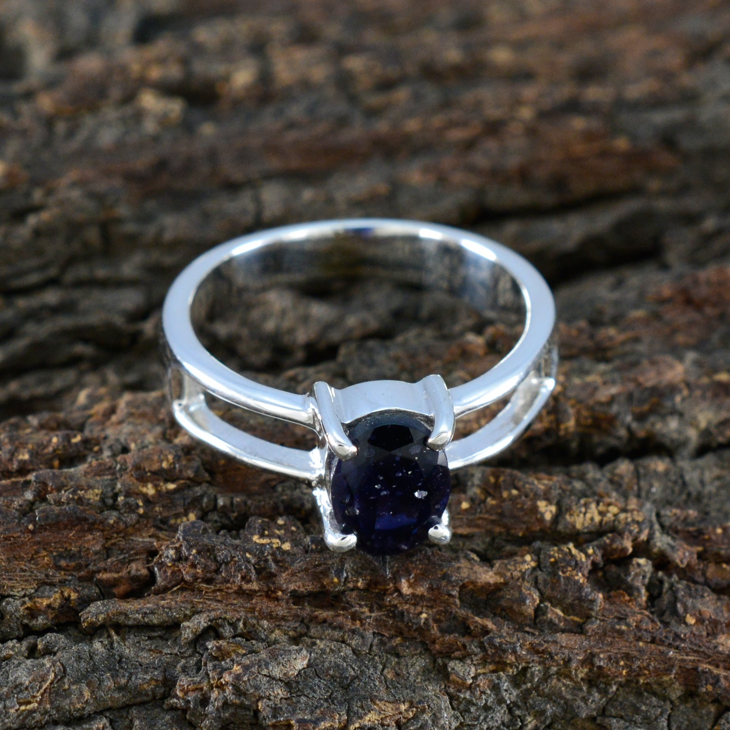 Iolite Solitaire French 92.5 Silver Blue Gemstones Tiny Abstract Ring Jewelry