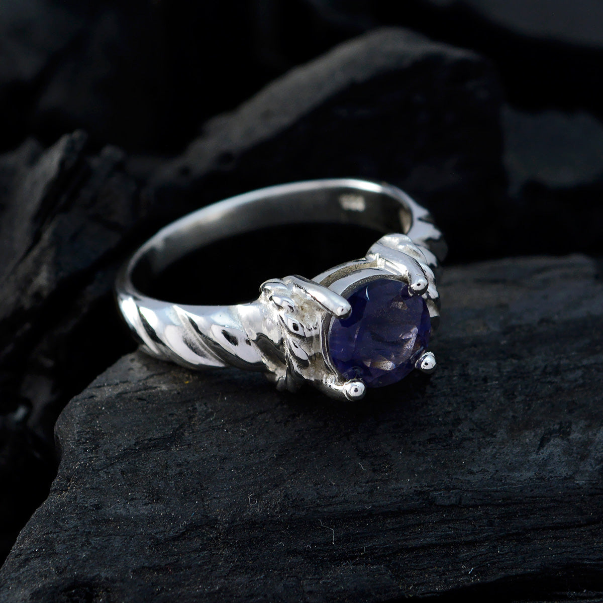 Iolite Solitaire Indian Silver Blue Gemstones Slim Contemporary Ring Jewellery