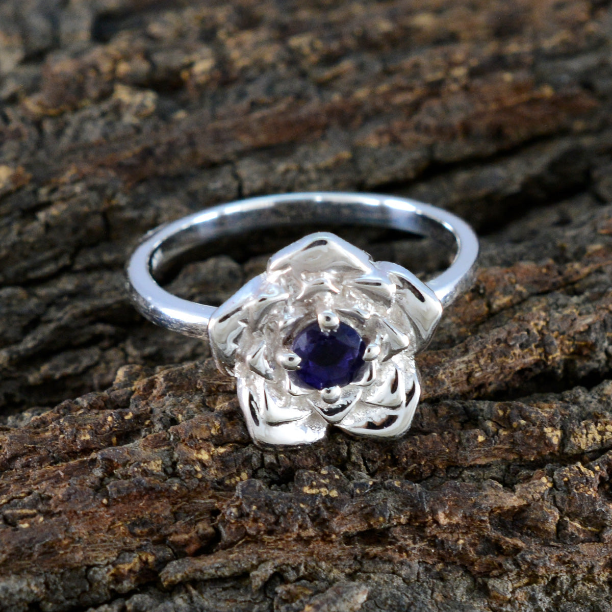 Iolite Solitaire French Sterling Silver Blue Gemstones Tiny Floral Ring Jewellery