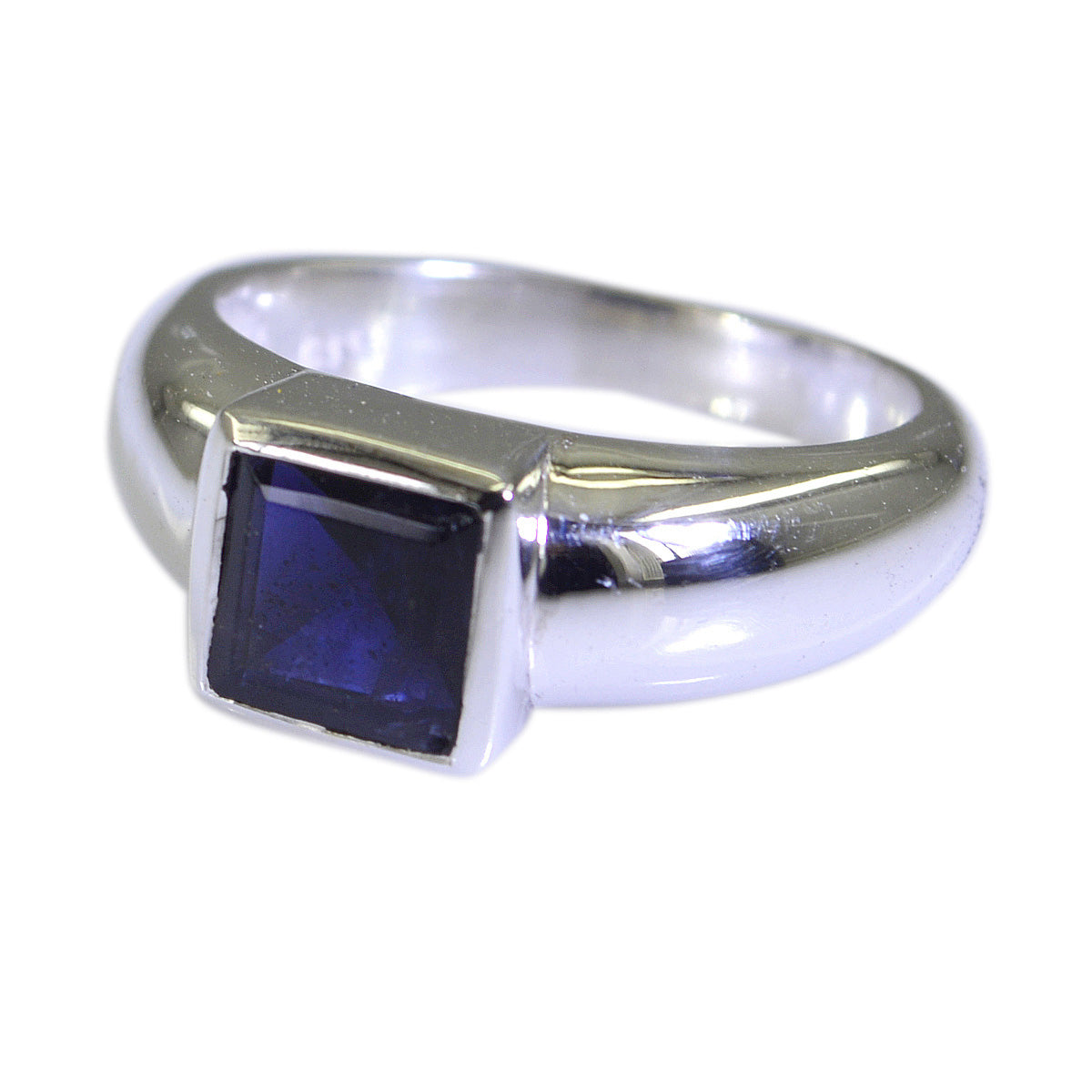 Anillo moderno y delgado con solitario de iolita en plata egipcia 925 y gemas azules. Imagen secundaria del producto