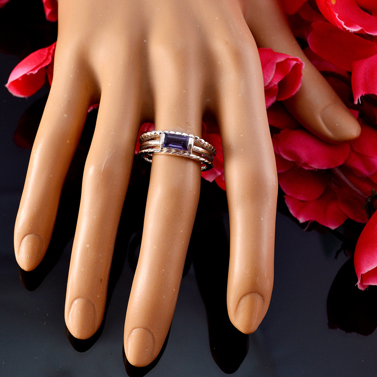 Iolite Solitaire German 92.5 Silver Blue Gemstones Tiny Twist Band Jewelry