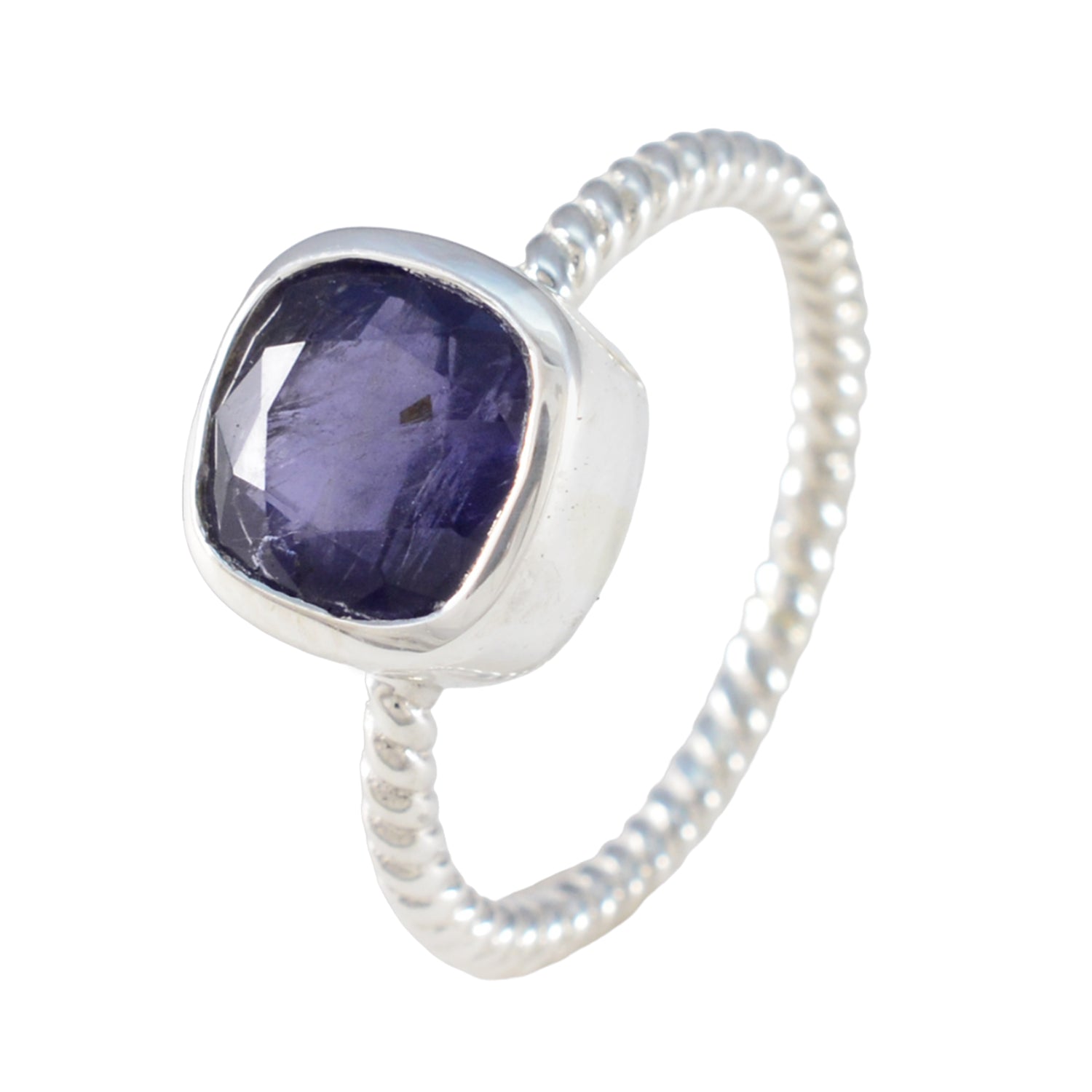 Anillo de solitario de iolita en plata de ley americana con gema azul, delicado y moderno. Imagen secundaria del producto