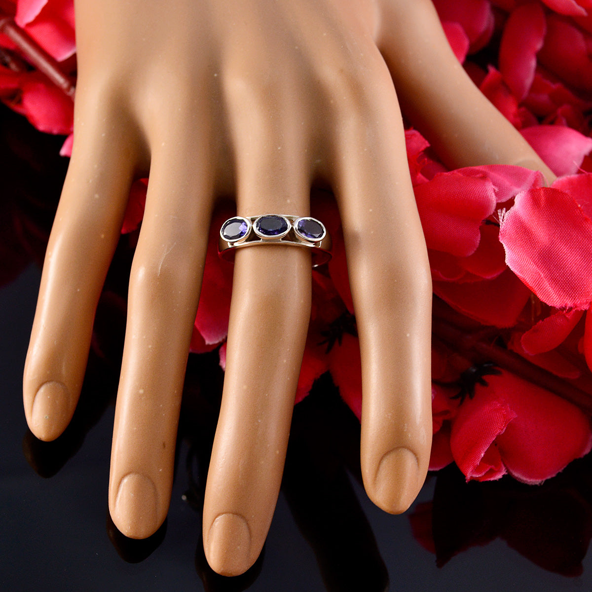 Iolite Trilogy American Sterling Silver Blue Gemstones Dainty Trendy Ring Jewellery