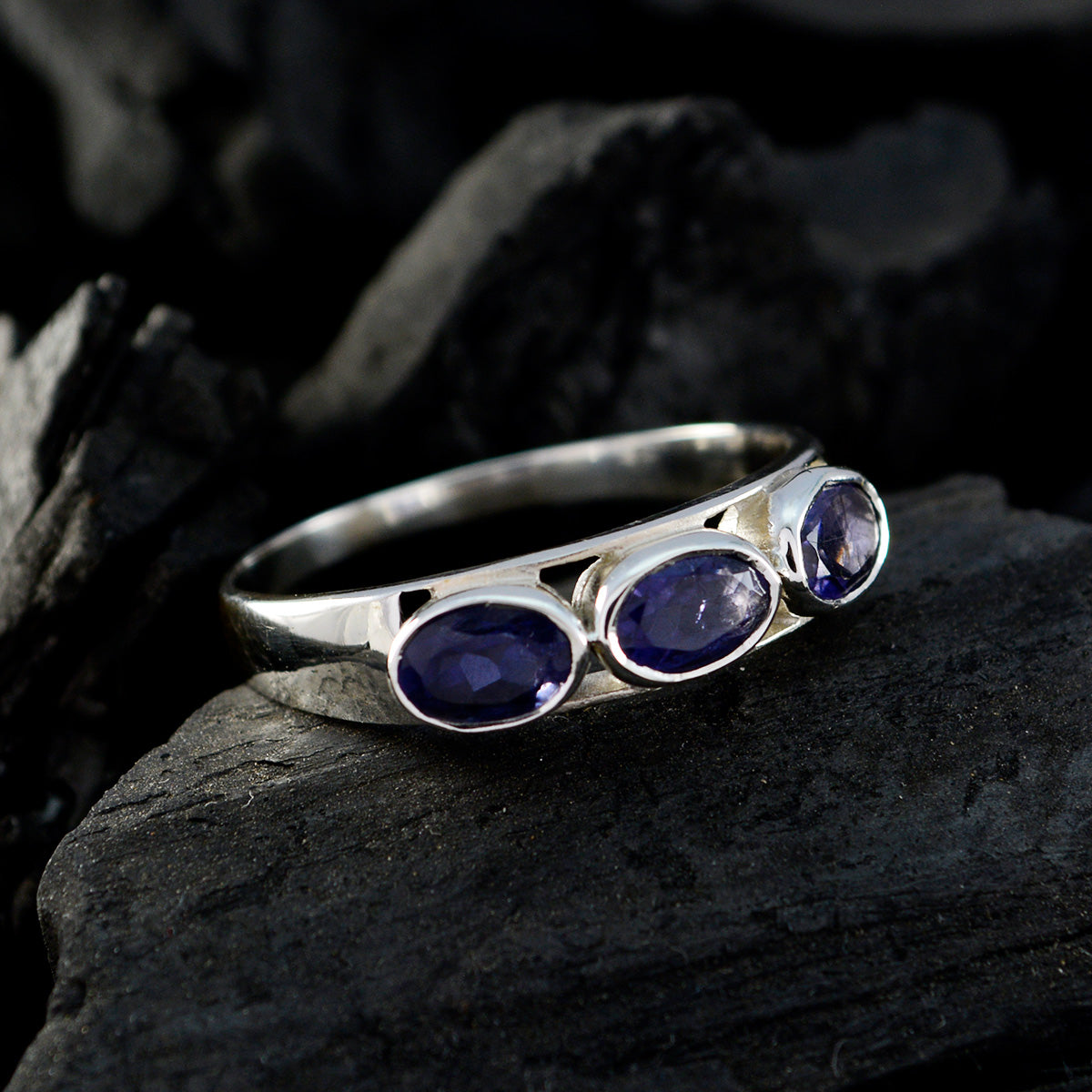 Iolite Trilogy American Sterling Silver Blue Gemstones Dainty Trendy Ring Jewellery