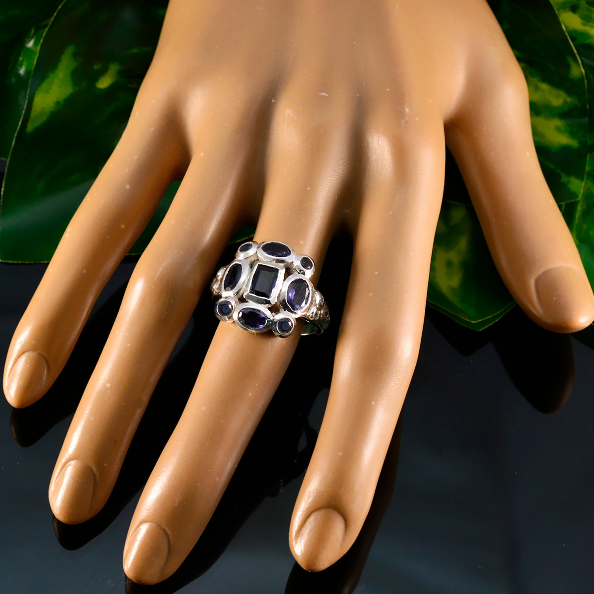 Iolite Navratna French Silver Blue Gemstone Classic Signet Ring Jewelry