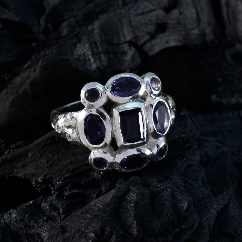 Iolite Navratna French Silver Blue Gemstone Classic Signet Ring Jewelry