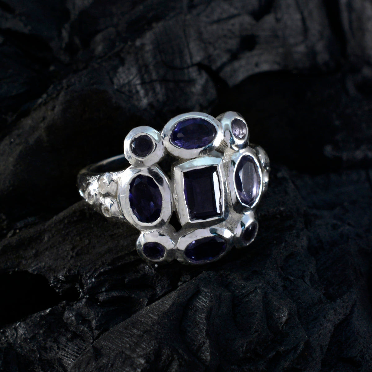 Iolite Navratna French Silver Blue Gemstone Classic Signet Ring Jewelry