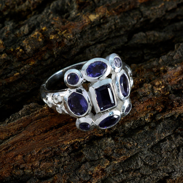 Iolite Navratna French Silver Blue Gemstone Classic Signet Ring Jewelry
