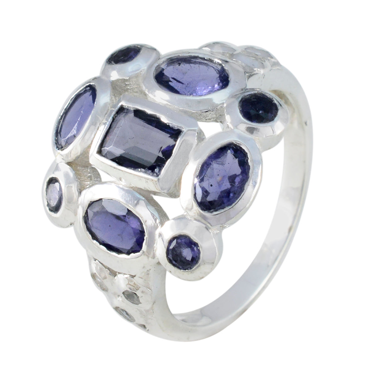 Iolite Navratna French Silver Blue Gemstone Classic Signet Ring Jewelry