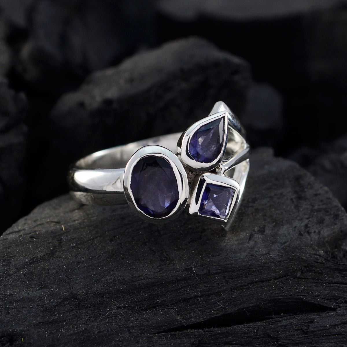 Iolite Trilogy French 925 Sterling Silver Blue Gemstone Eye catching Abstract Ring Jewellery
