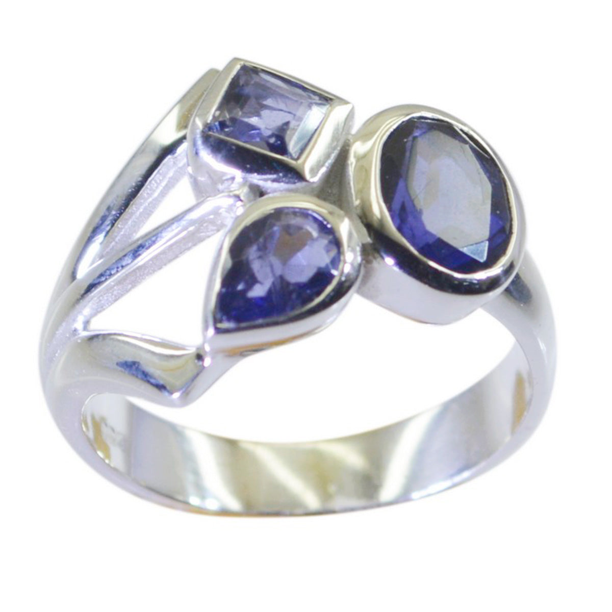 Iolite Trilogy French 925 Sterling Silver Blue Gemstone Eye catching Abstract Ring Jewellery