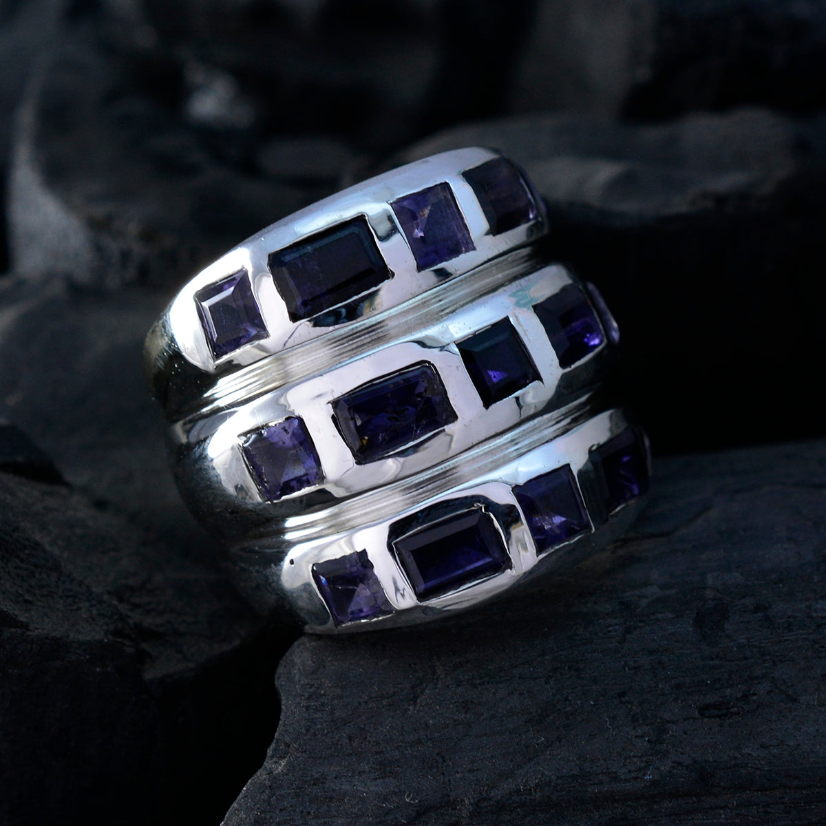 Iolite multiple French Sterling Silver Blue Gems Chunky Cocktail Ring Jewelry