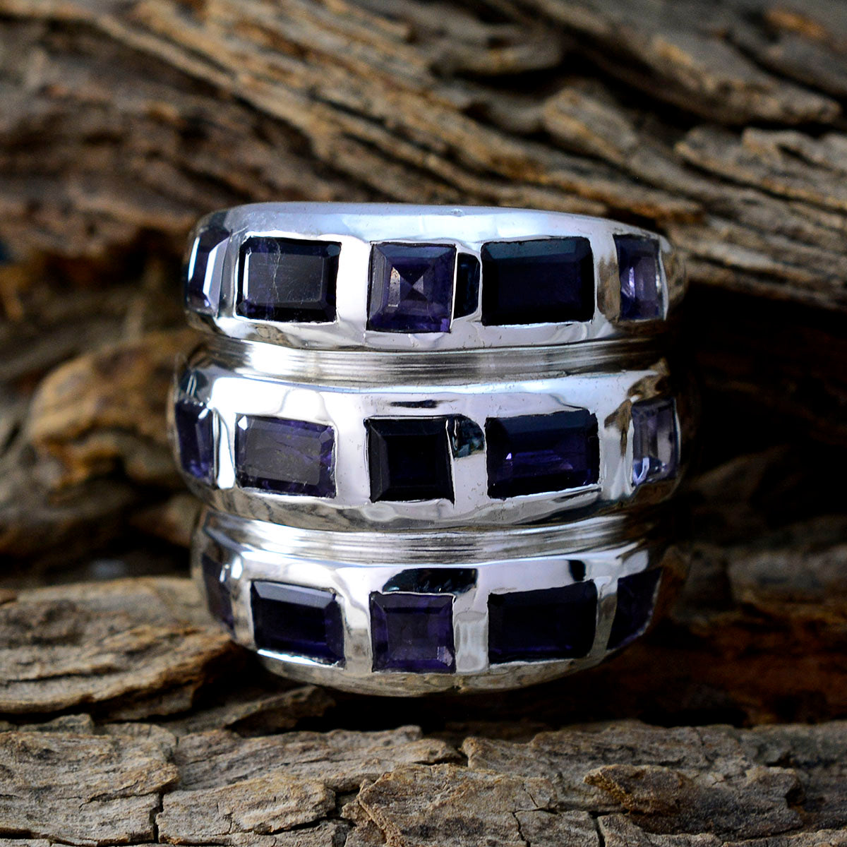 Iolite multiple French Sterling Silver Blue Gems Chunky Cocktail Ring Jewelry