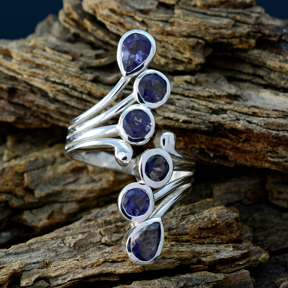 Iolite Hexa German Silver Blue Gemstones Versatile Modern Ring Jewellery