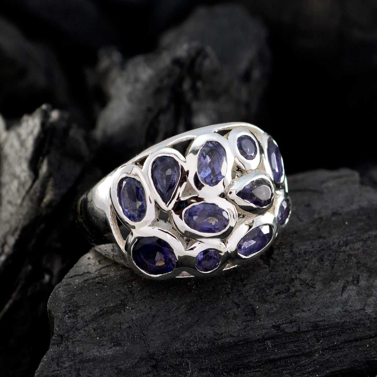 Iolite multiple Russian 92.5 Silver Blue Gems Eye catching Abstract Ring Jewellery