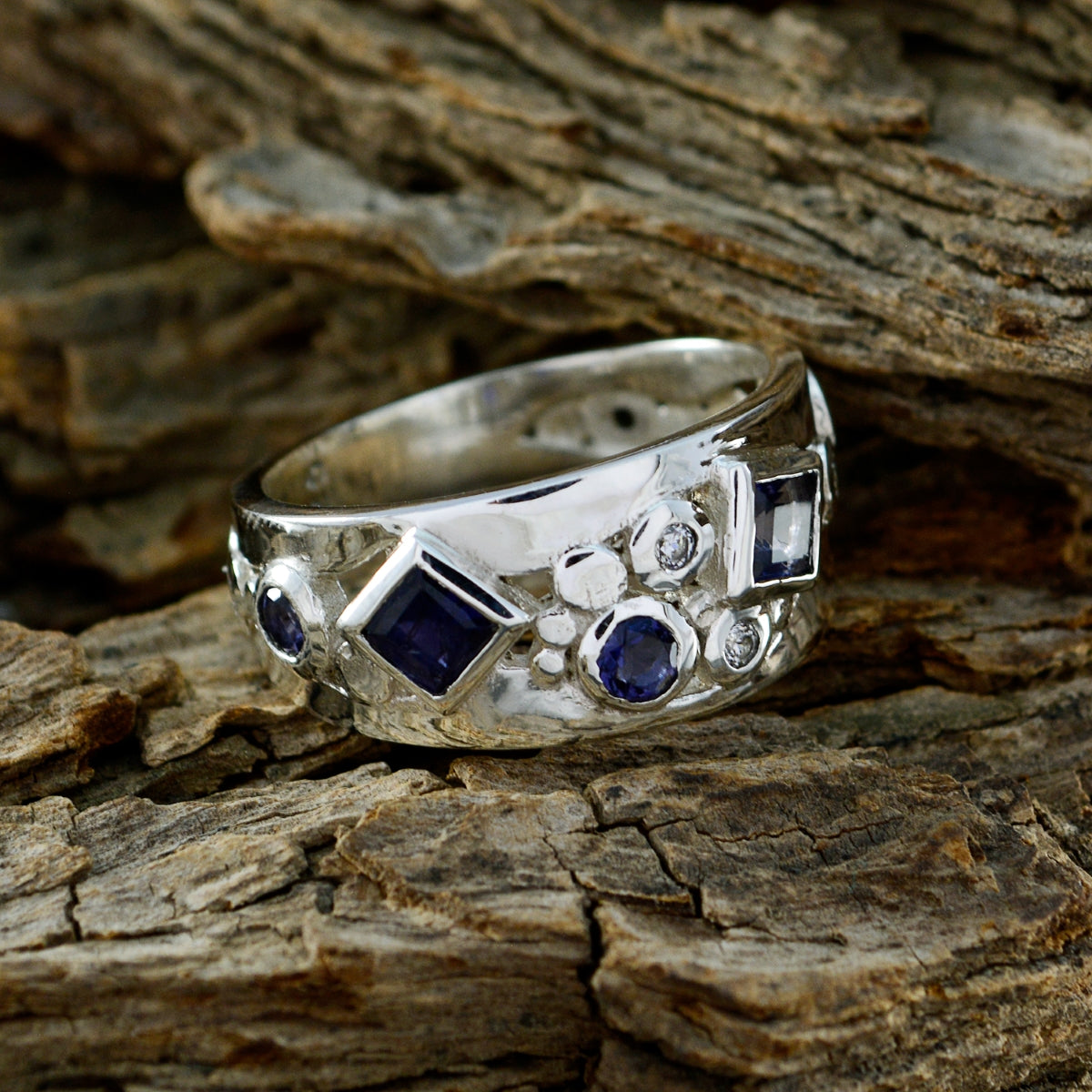 Iolite Trilogy African 925 Sterling Silver Blue Gemstone Eye catching Abstract Ring Jewelry