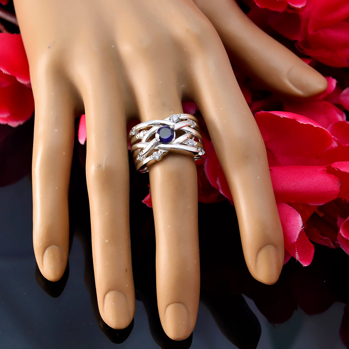 Iolite Halo French Sterling Silver Blue Gemstone Eye catching Modern Ring Jewelry