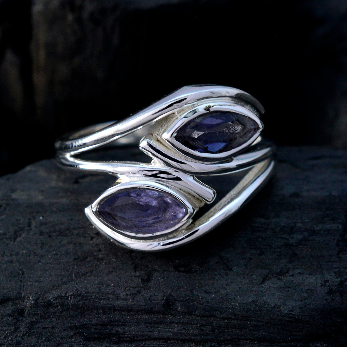 Iolite Toi et Moi French 92.5 Silver Blue Gemstones Slim Contemporary Ring Jewellery