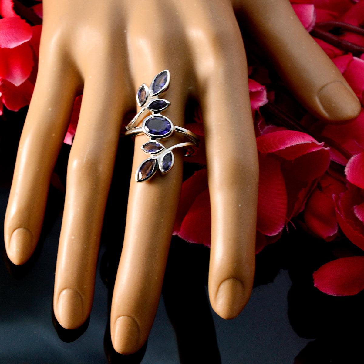 Iolite Hepta German 925 Silver Blue Gemstone Classic Leafy Ring Jewellery