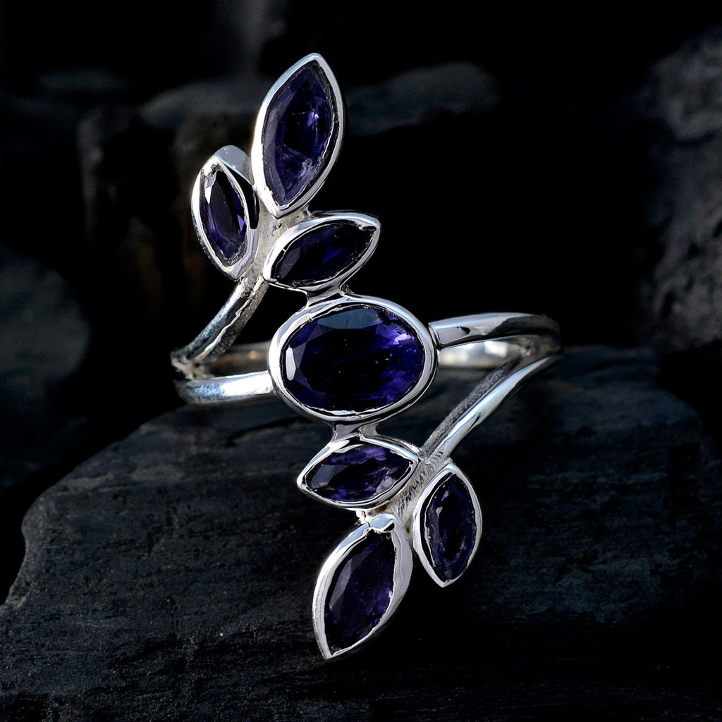 Iolite Hepta German 925 Silver Blue Gemstone Classic Leafy Ring Jewellery