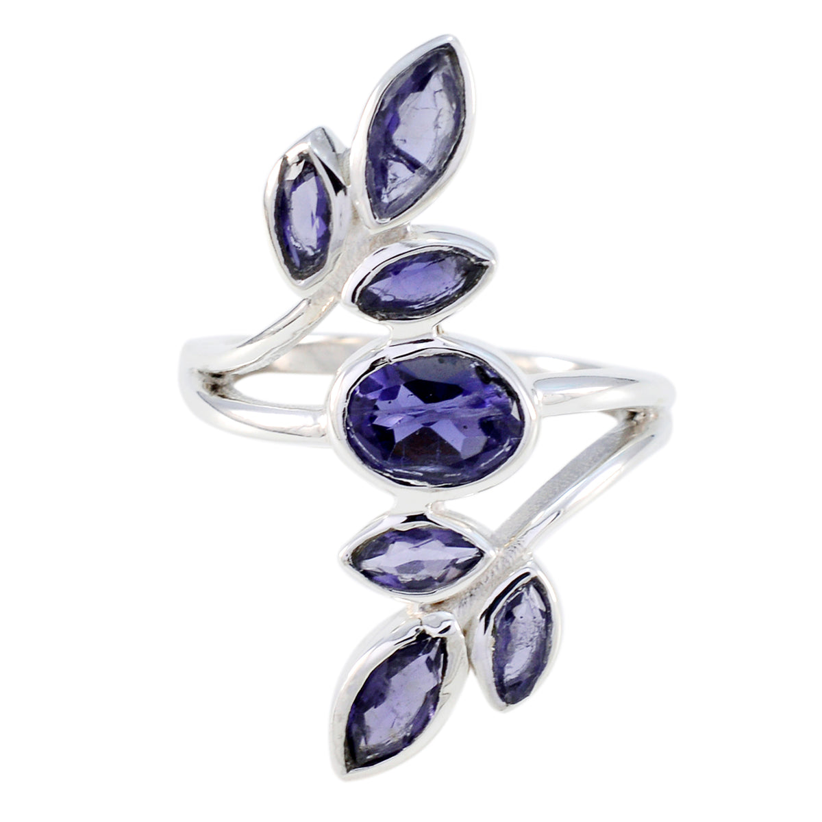 Iolite Hepta German 925 Silver Blue Gemstone Classic Leafy Ring Jewellery Hoofdafbeelding