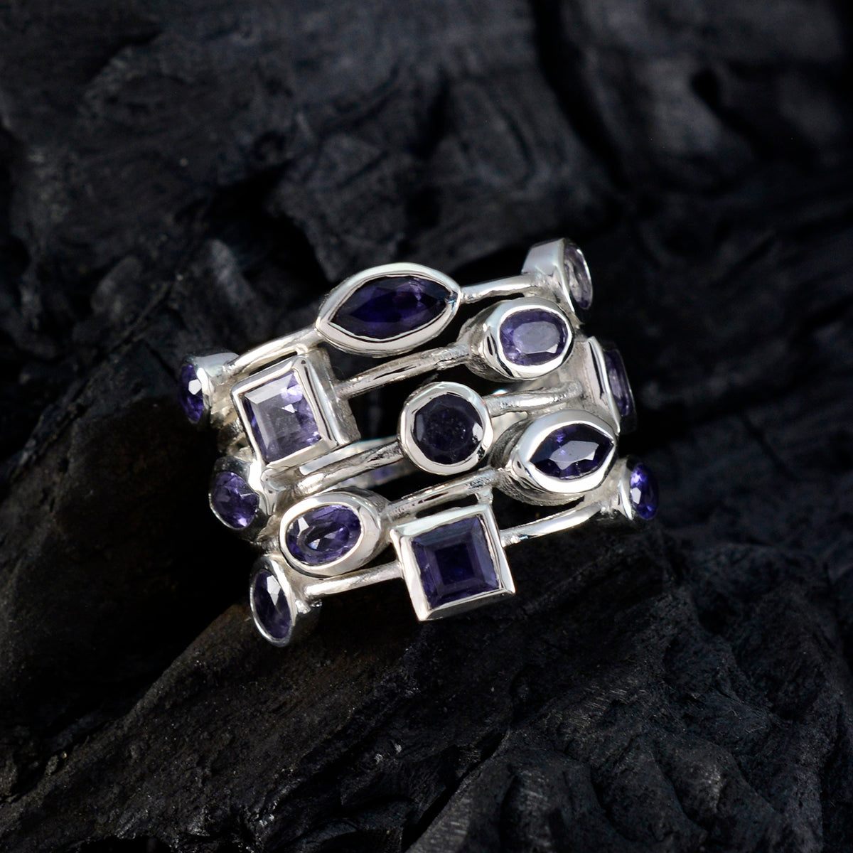 Iolite multiple Indian 925 Sterling Silver Blue Gems Eye catching Modern Ring Jewelry