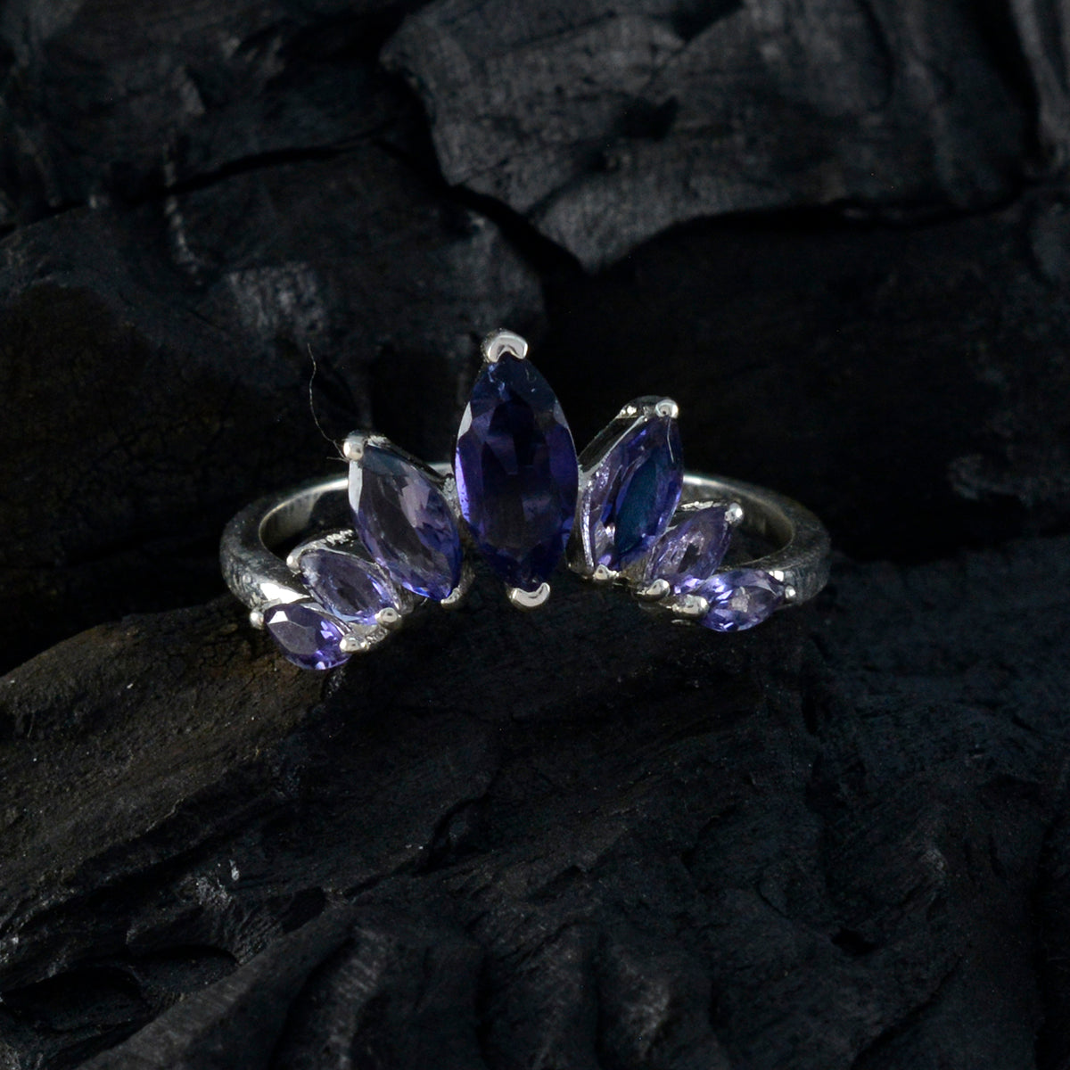 Iolite Hepta Japanese Silver Blue Gemstones Dainty crown Ring Jewelry