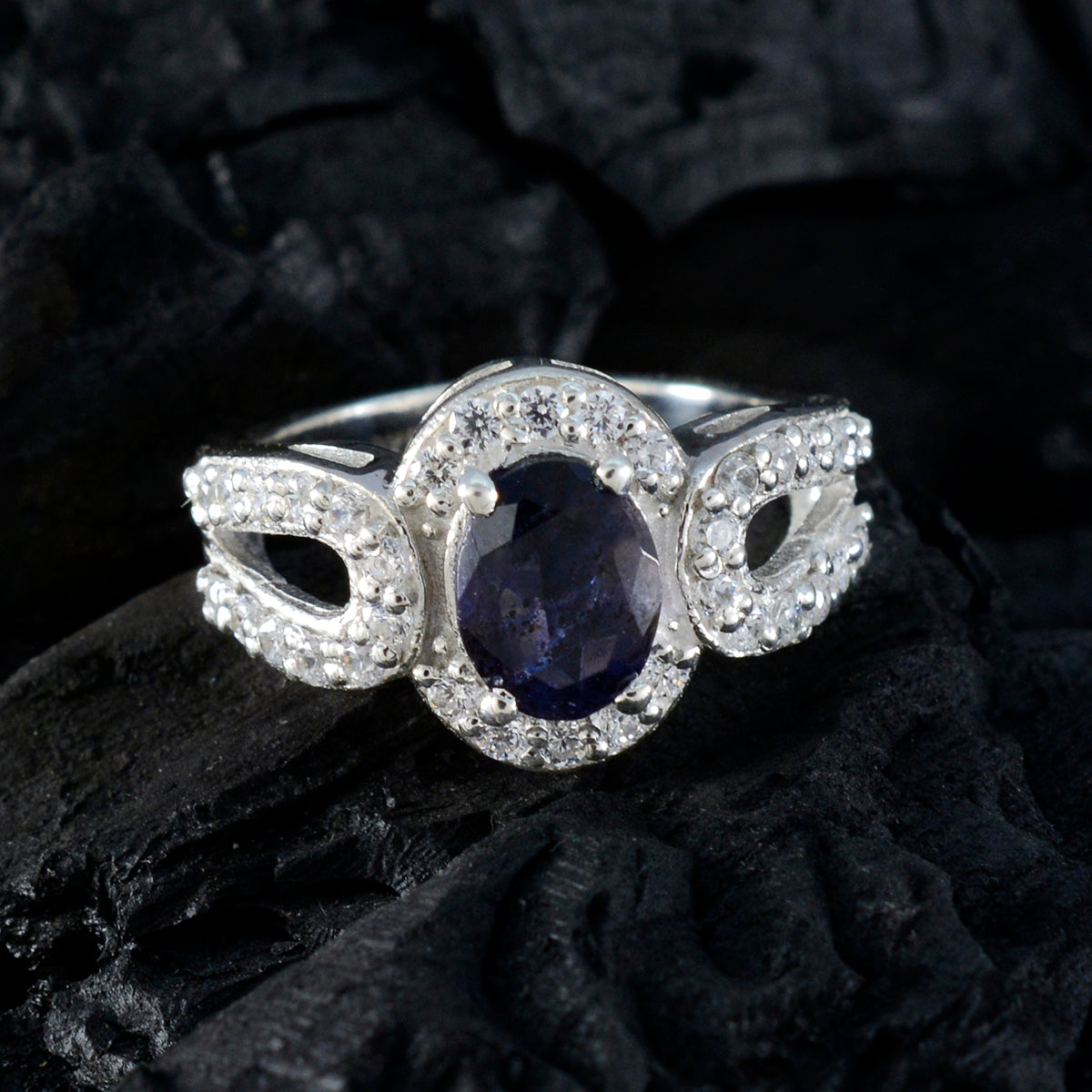 Iolite Halo Indian Sterling Silver Blue Gems Slim Cultural Ring Jewellery