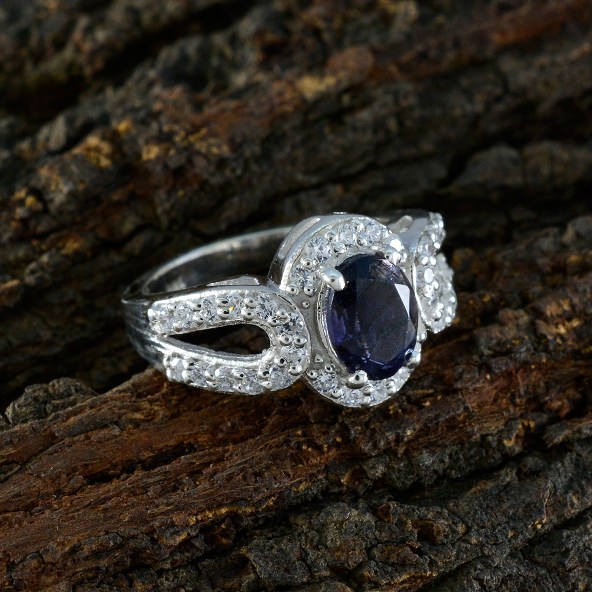 Iolite Halo Indian Sterling Silver Blue Gems Slim Cultural Ring Jewellery