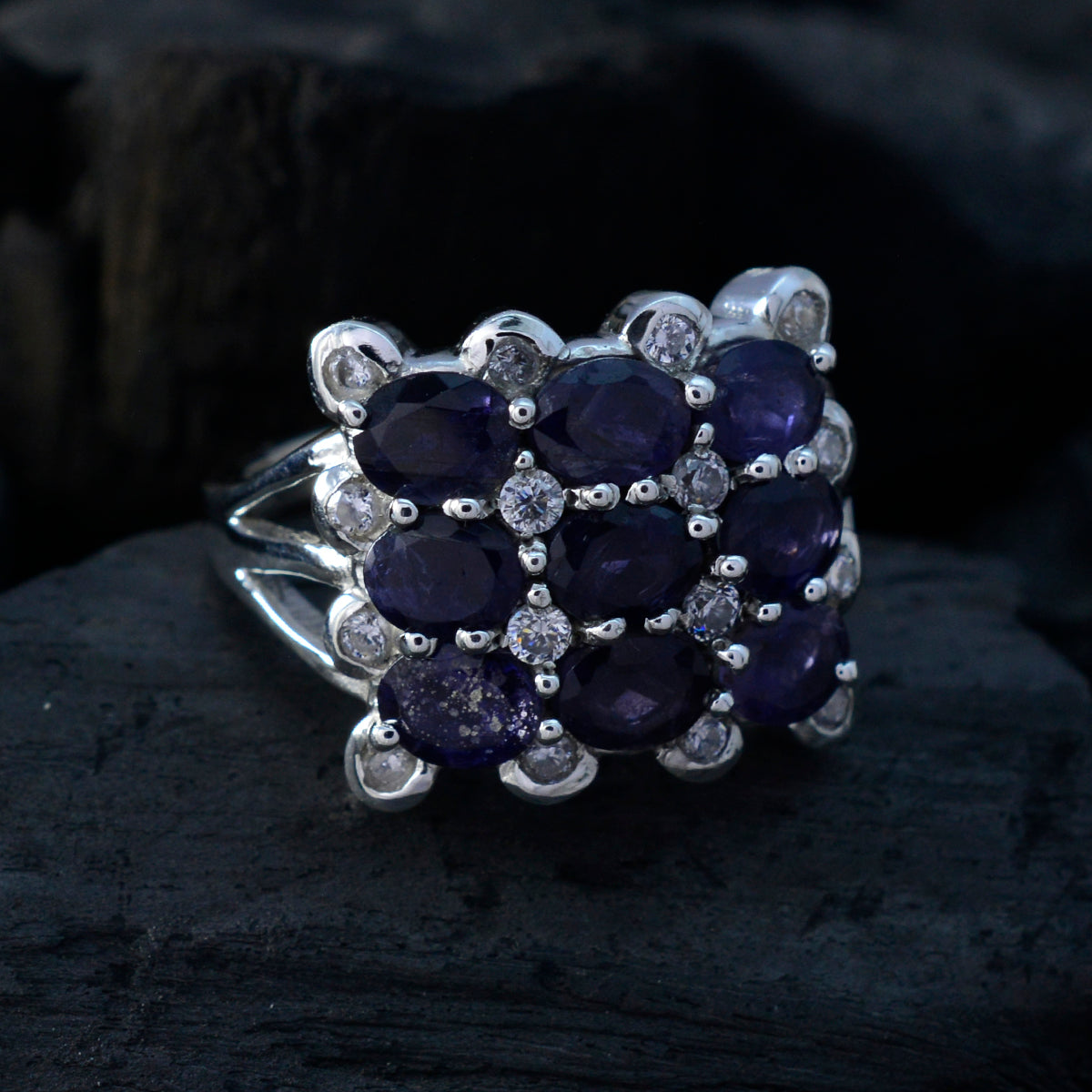 Iolite Navratna Moroccan 925 Sterling Silver Blue Gems Classic Sophisticated Ring Jewelry
