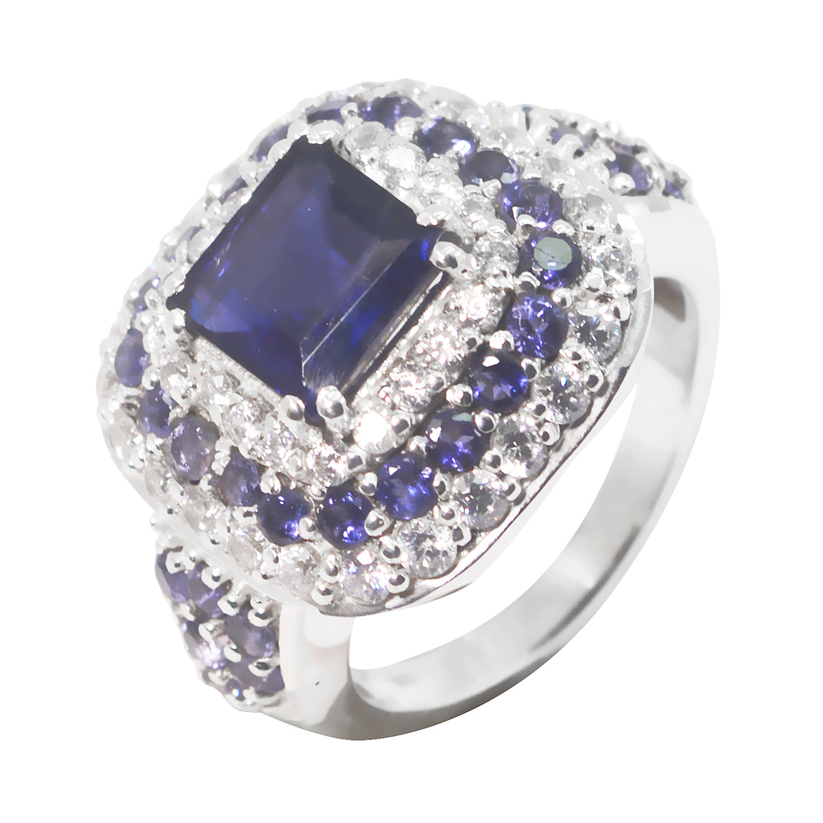 Iolite Halo French Silver Blue Gems Edgy Modern Ring Jewelry Huvudsaklig produktbild