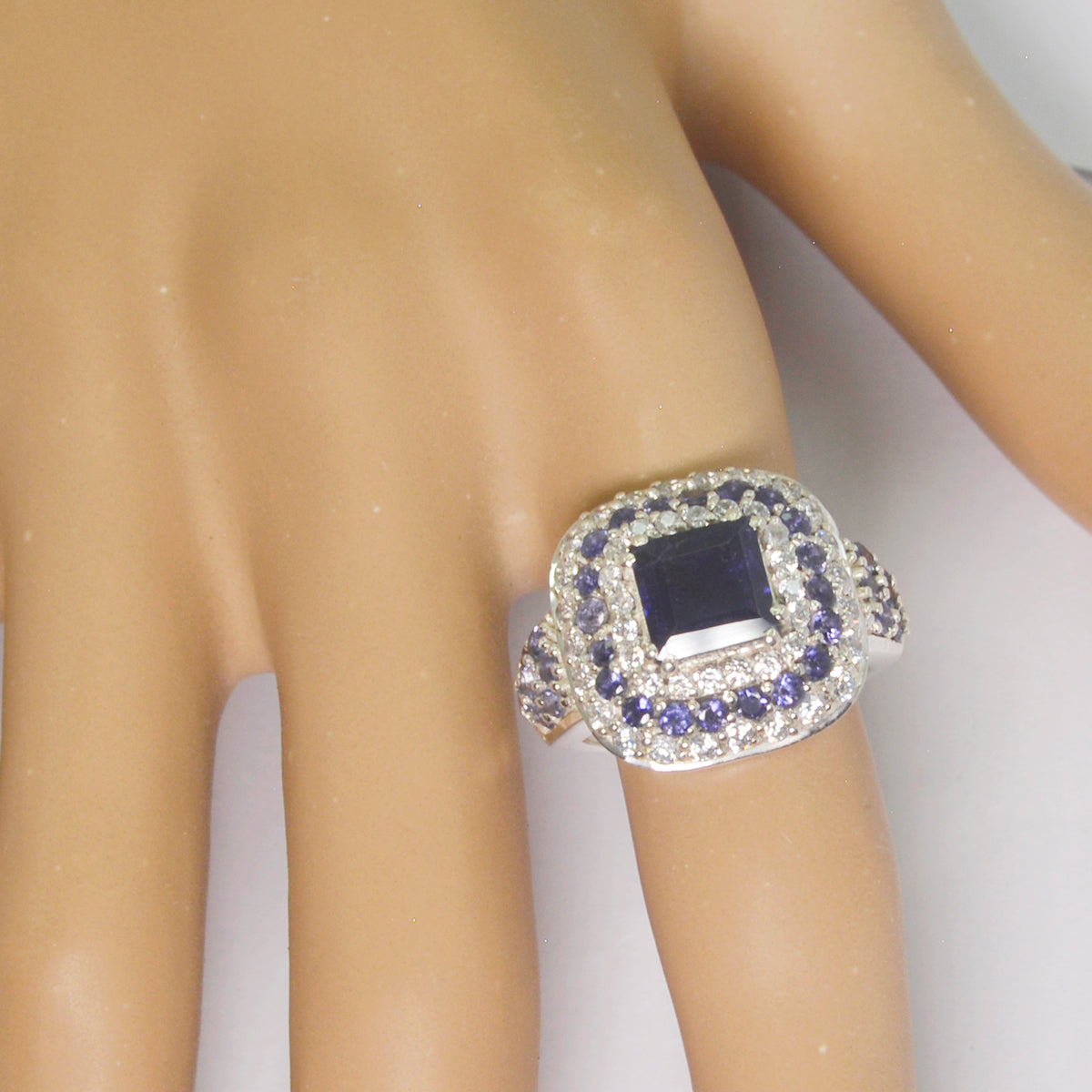 Iolite Halo French Silver Blue Gems Edgy Modern Ring Jewelry