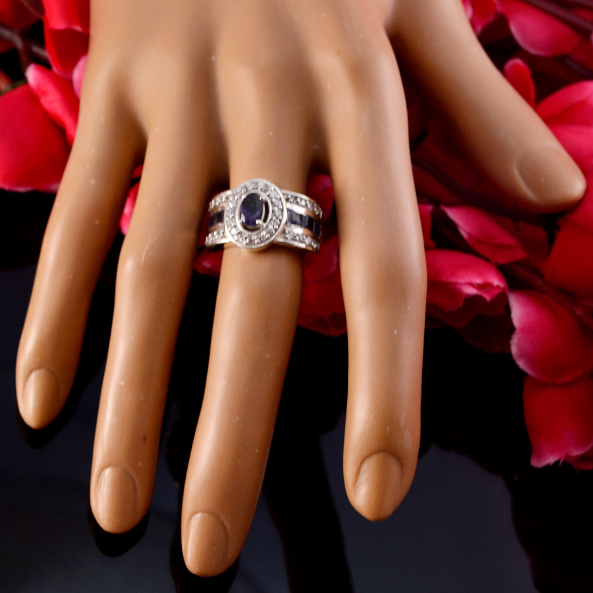 Iolite Halo Moroccan 92.5 Silver Blue Gemstones Eye catching Modern Ring Jewelry